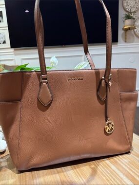 Michael Kors Brown Pebbled Leather Tote with Gold MK Charm